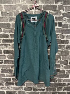 Johnny Was Biya embroidered blouse green gauze shirt top